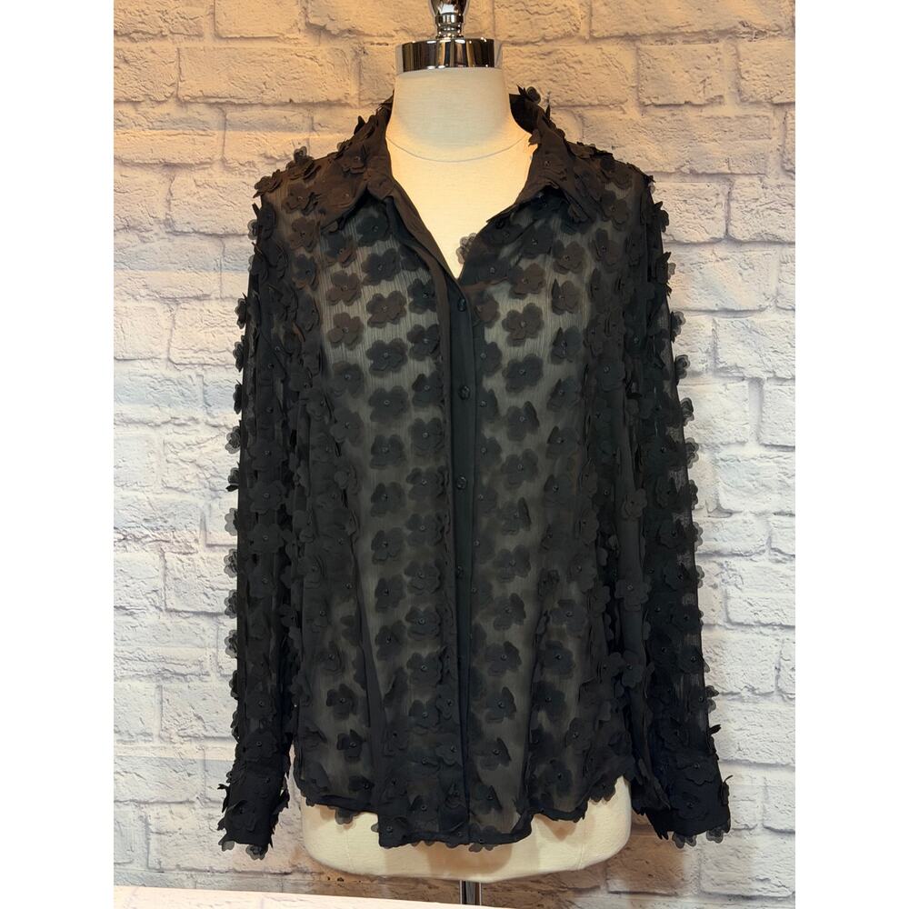ZARA Black Semi Sheer 3D Floral Appliqué Textured Button Blouse Medium  A475